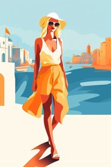 Stylish woman in summer outfit walking by the seaside during vacation in picturesque coastal town.