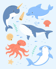 A poster with cute cartoon sea animals on a blue background. illustration design card with whale, dolphin, octopus, shark, narwhal, seashells. © Ekaterina Chemakina