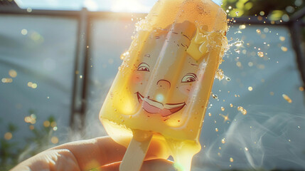 A close-up shot of a hand holding a popsicle with a cartoon character face melting in the summer sun.