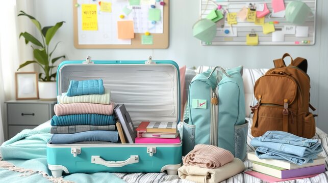 Organized and Cozy Dorm Room with Packed Suitcase, Backpacks, and Personal Items Ready for College Move-In Day or Travel
