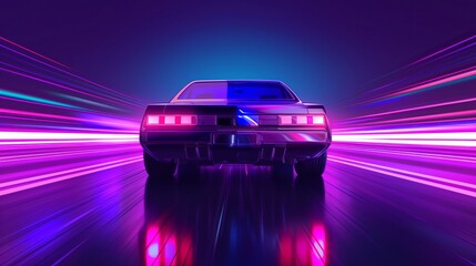 Naklejka premium driving in the night, futuristic synth-wave car in purple neon colours.
