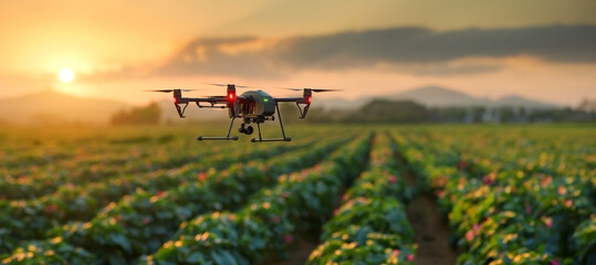 A drone hovers over a colorful crop field at twilight, indicating advanced agricultural practices