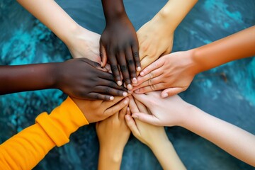 Several individuals of varying skin tones join hands above a body of water