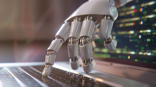 Robot hands point to laptop button advisor chatbot robotic artificial intelligence concept.