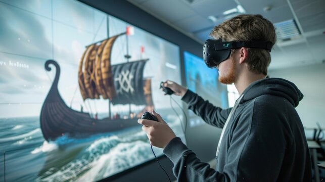 A student using handheld controllers to manipulate and explore a virtual model of a Viking longship.