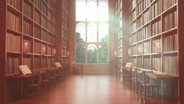 朝日が差し込む魔法図書館, 魔法図書館の美しいファンタジー背景, ループ, シームレス