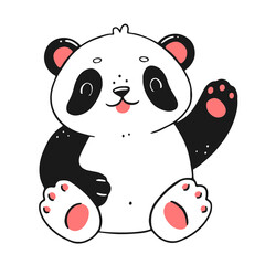 Cute little panda waves his paw and smiles. The character is a bear in a cartoon doodle style. isolated animal illustration.