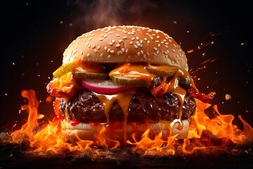 Hamburger in flames. Hot sale offer
