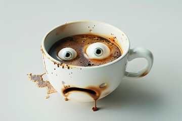 White cup with Americano coffee. Funny mug with spilled drink. Concept of haste, failure, troubles, problems. Difficult day at work in the office.