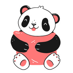 Cute panda print with pillow. A happy panda cub hugs a pillow. isolated illustration in linear doodle style.