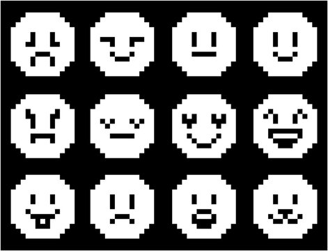 Pixel set with black and white emojis. Pixel art cute emotional faces isolated on background. 8bit pixel illustration
