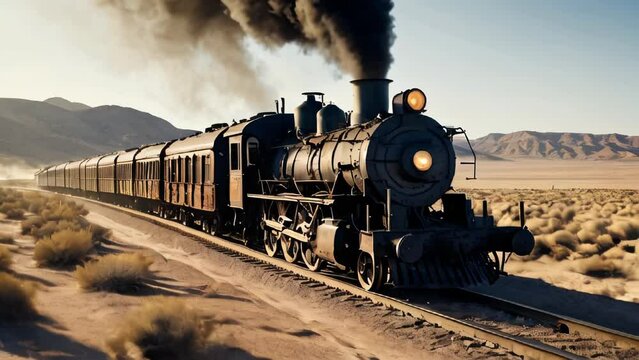an old steam locomotive train with wagons drives through a desert