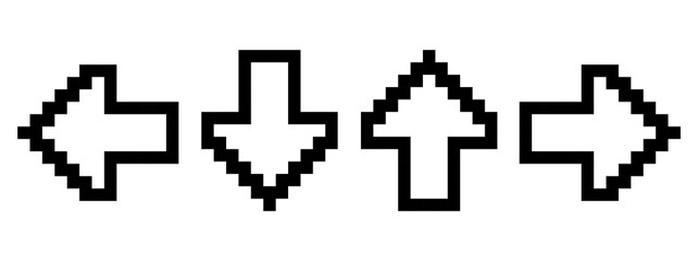 Pixel art set with four black and white arrows turned in different directions isolated on a white background. 8bit pixel illustration.