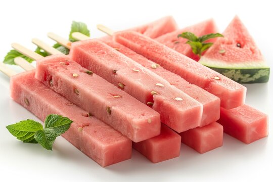 Juicy watermelon pops cut into sticks with vibrant mint leaves on a clean white backdrop. - Powered by Adobe