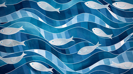Abstract Underwater Scene with Flowing Blue Waves and Stylized Fish: A Dynamic and Serene Marine Artwork