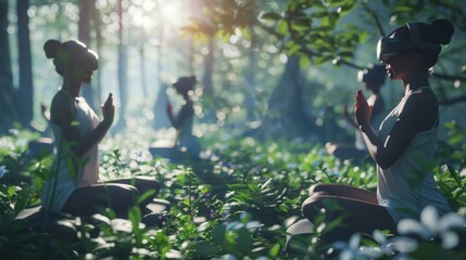 A virtual reality fitness competition taking place in a lush and serene forest with avatars doing various yoga poses.