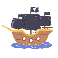 Pirate ship in a cartoon flat style. A pirate illustration isolated on a white background.