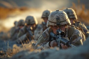 A group of soldiers holding guns, standing in formation, prepared for combat.