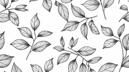 Elegant Seamless Pattern of Black and White Hand-Drawn Leaves, Ideal for Backgrounds, Textiles, and Stylish Wrappings