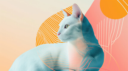 Contemporary Artistic Illustration of a White Cat Against a Geometric Background with Warm Tones and Abstract Shapes