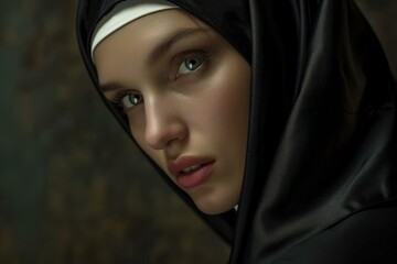 Naklejka premium Elegant Beauty black nun female. Strong view of female portrait. Generate Ai