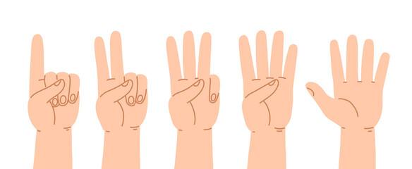 A set of cartoon flat hand style counting from one to five.