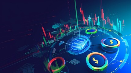 A three-dimensional image representing the stock market as a dynamic structure consisting of rising and falling charts, around which currency and stock symbols rotate. --ar 16:9 --quality 0.5 -