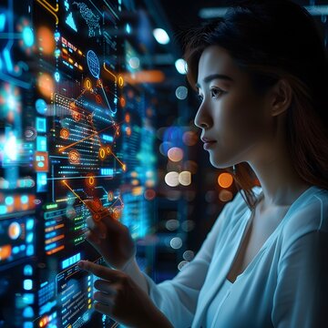  A woman works with a digital panel in a high-tech laboratory, surrounded by data and graphs.. The image shows a young woman wearing glasses, wearing a white shirt, working with a large digital panel 