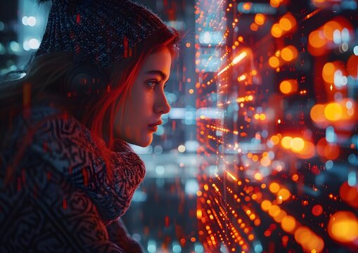  A woman works with a digital panel in a high-tech laboratory, surrounded by data and graphs.. The image shows a young woman wearing glasses, wearing a white shirt, working with a large digital panel 