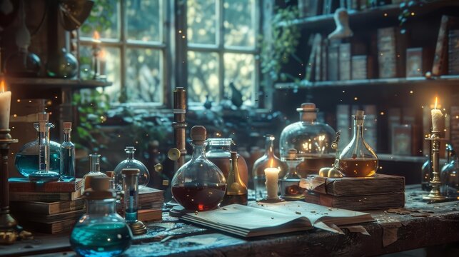 Describe an ancient alchemist s laboratory filled with mysterious instruments, bubbling potions, and ancient tomes, Close up