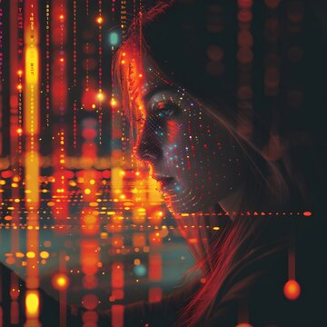  A woman works with a digital panel in a high-tech laboratory, surrounded by data and graphs.. The image shows a young woman wearing glasses, wearing a white shirt, working with a large digital panel 