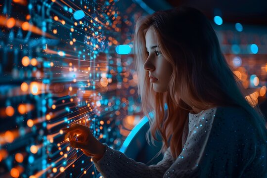  A woman works with a digital panel in a high-tech laboratory, surrounded by data and graphs.. The image shows a young woman wearing glasses, wearing a white shirt, working with a large digital panel 