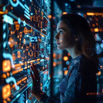  A woman works with a digital panel in a high-tech laboratory, surrounded by data and graphs.. The image shows a young woman wearing glasses, wearing a white shirt, working with a large digital panel 