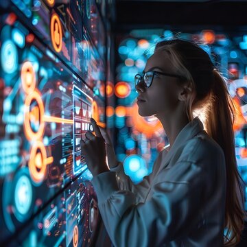  A woman works with a digital panel in a high-tech laboratory, surrounded by data and graphs.. The image shows a young woman wearing glasses, wearing a white shirt, working with a large digital panel 