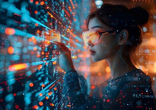  A woman works with a digital panel in a high-tech laboratory, surrounded by data and graphs.. The image shows a young woman wearing glasses, wearing a white shirt, working with a large digital panel 