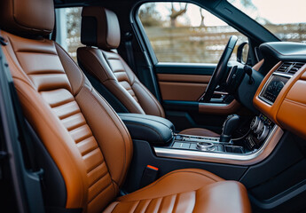 A photo of the interior seats in brown leather, modern style with black details and grey color accents, front view