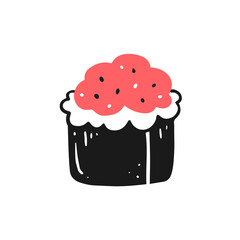 Sushi roll with red caviar in doodle style. isolated illustration of Japanese cuisine.