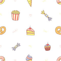 Seamless pattern with fast food in cute kawaii doodle style. Popcorn, cake, candy, cupcake, bagel, ice cream, donut. junk food illustration background.