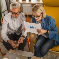 Mature man and woman work form home have consultation via video call