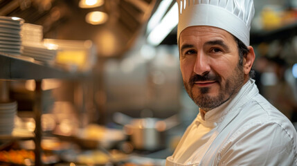 Portrait of a professional chef with a proud smile standing in a busy restaurant kitchen.
