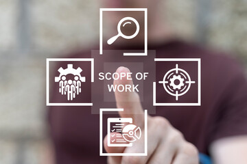 Man working on virtual touch screen presses inscription: SCOPE OF WORK. Scope of Work Business...