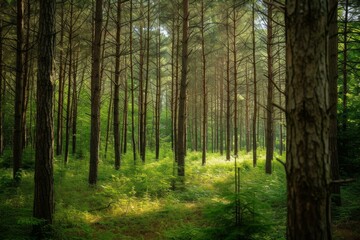 Naklejka premium Lush Beautiful trees in forest at morning. Scene nature color beauty. Generate Ai