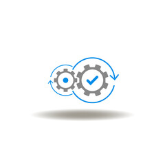 Vector illustration of gear wheels with round arrows process and check mark. Icon of facilitation. Symbol of facilitate.