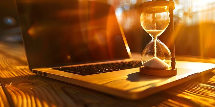 Symbolic representation of time management with an hourglass on a laptop. Concept Time Management, Hourglass Symbolism, Digital Workspace, Productivity Tips, Work-Life Balance