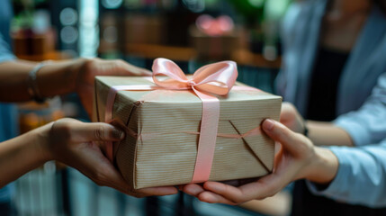 Two people exchanging a neatly wrapped gift box with a soft pink ribbon, symbolizing care and generosity.