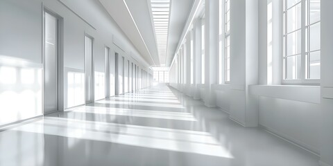Bright empty hospital hallway with white walls and windows. Concept Hospital Architecture, Medical Facilities, Interior Design, Glass Windows, Healthcare Settings
