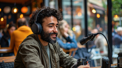 Cheerful male podcaster recording live with headphones on, sitting at a cafe with a microphone and coffee.