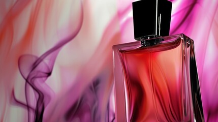 A close-up of a premium perfume bottle, its design and the liquid's hue capturing attention, set against an abstract, soft-focus background that suggests sensuality and sophistication --ar 16:9 -