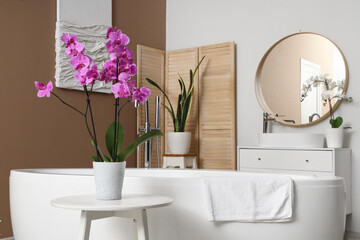 Orchid flower on table near bathtub in room