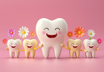 3D cute tooth character smiling, holding hands with little people made of flowers on background, copy space concept for dental health and aesthetics